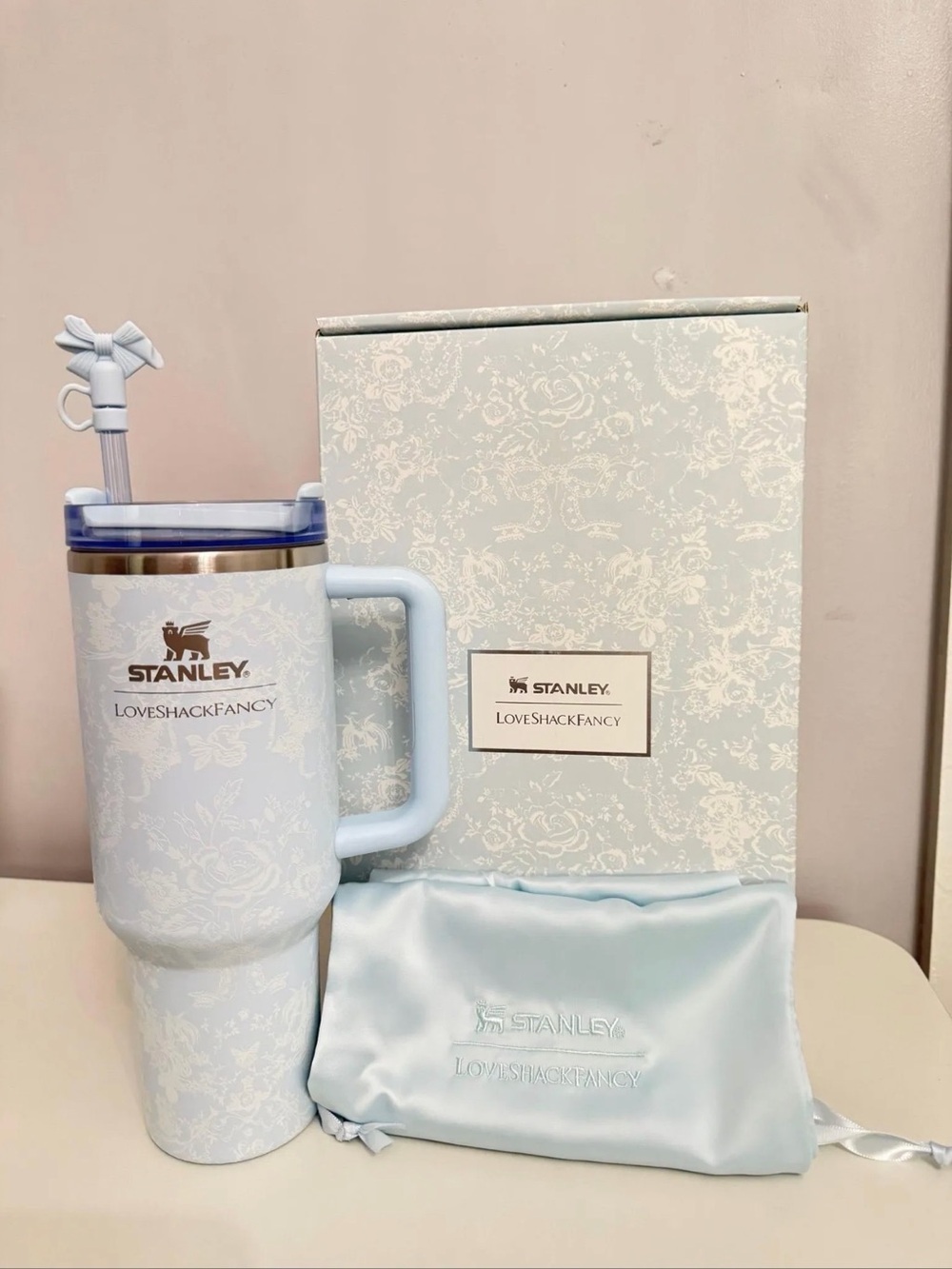 LoveShackFancy Light Blue Floral stanley Tumbler 40 oz
